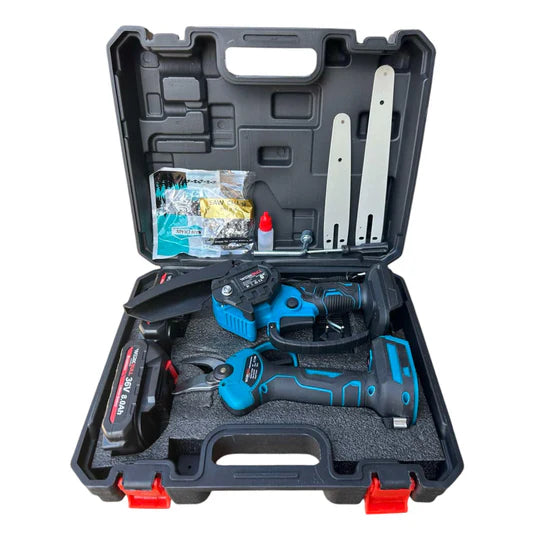 Промо 3в1 комплект Акумулаторна Лозарска ножица с дисплей и Мини Трион с автоматично омасляване + Телескопичен Прът