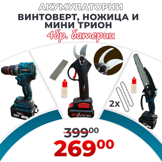Промо 2в1 комплект WerkBull Акумулаторна Лозарска ножица и Мини Трион + 4 батерии и 2 зарядни